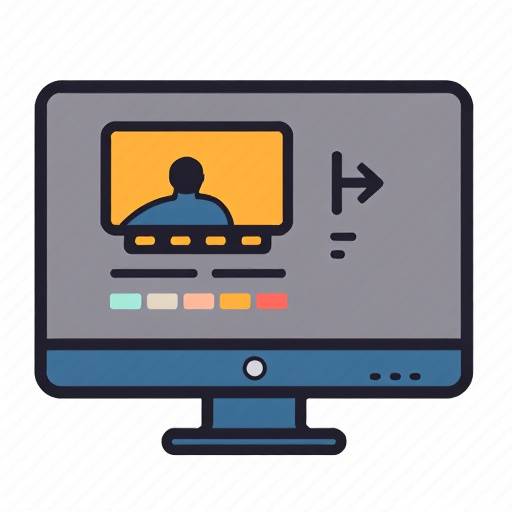 Icona stilizzata di un computer con un flusso di linee che rappresentano il montaggio video.