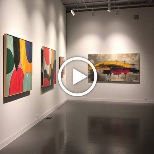 Immagine di un breve video promozionale per una mostra d'arte contemporanea con opere astratte.