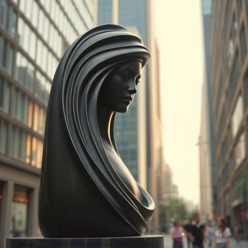 Scena da un video artistico che mostra dettagli di una scultura moderna in un contesto urbano.
