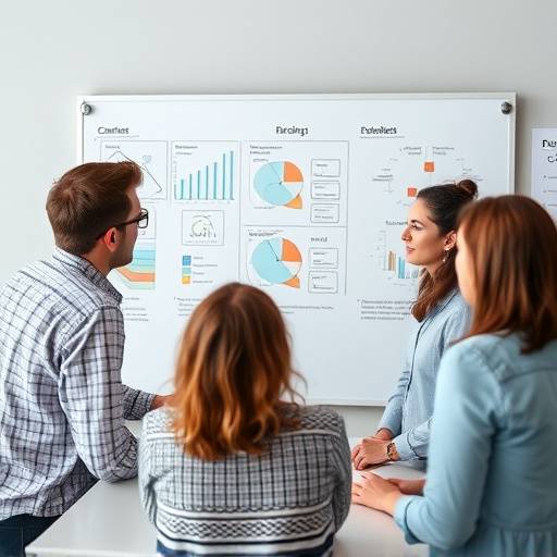 Team che discute idee per un video con grafici su uno schermo