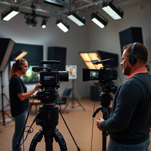 Un team di videomaker che lavora in uno studio moderno, con attrezzature professionali.